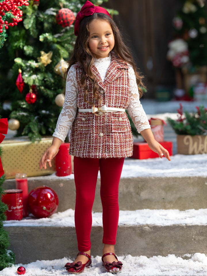 Frosty and Chic White Lace Top, Tweed Vest, Belt and Legging Set Mia Belle Girls
