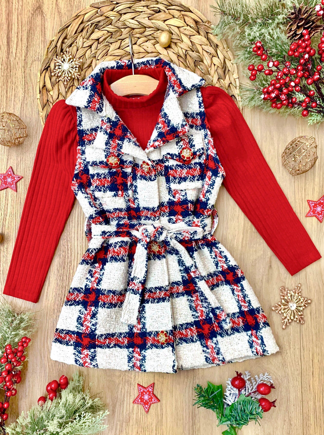 Make Santa Proud Turtleneck Top And Belted Plaid Dress Set Mia Belle Girls
