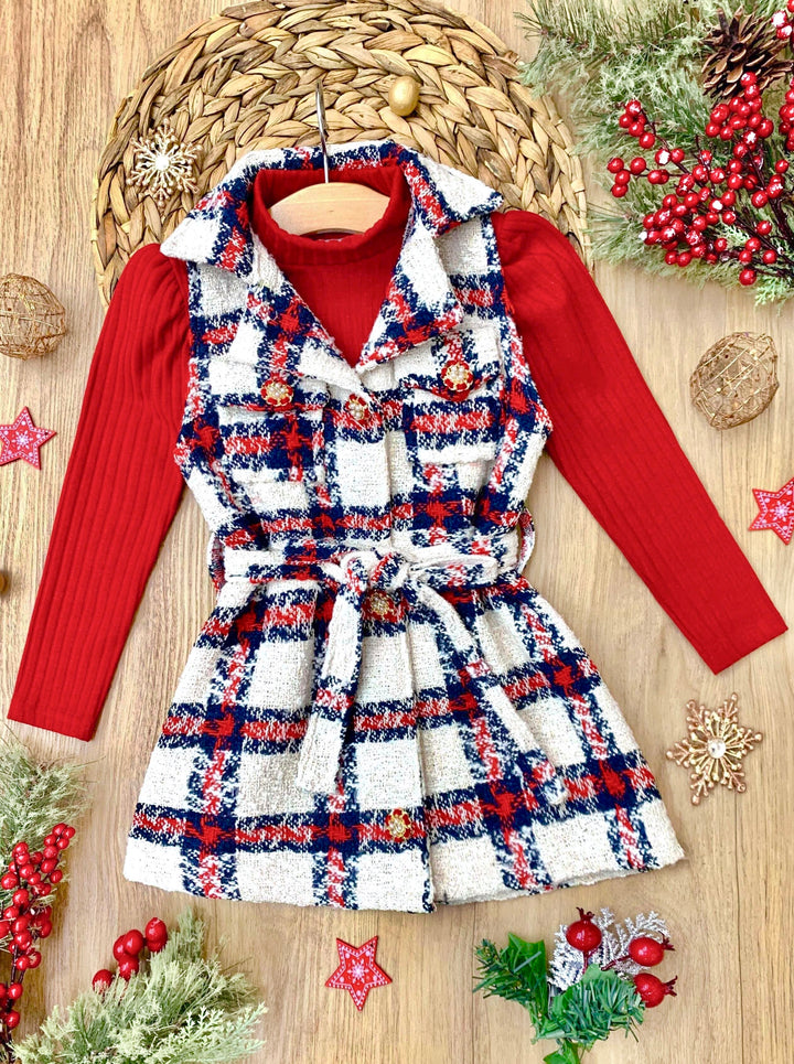 Make Santa Proud Turtleneck Top And Belted Plaid Dress Set Mia Belle Girls