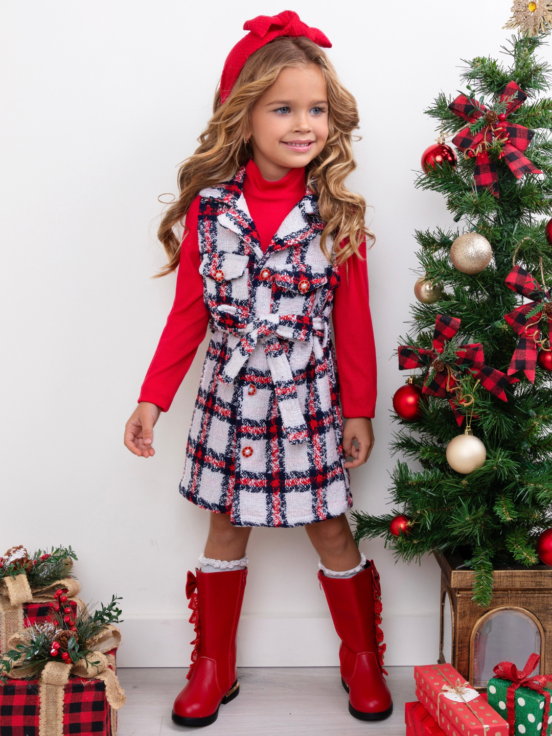Make Santa Proud Turtleneck Top And Belted Plaid Dress Set Mia Belle Girls