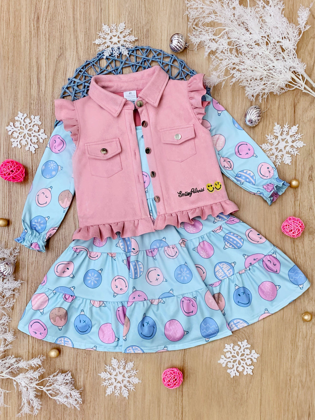 SmileyWorld Feeling Festive Faux Suede Vest and Dress Set Mia Belle Girls