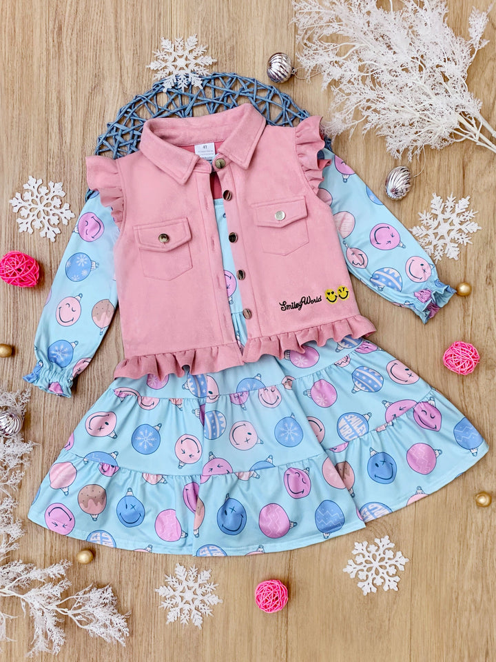 SmileyWorld Feeling Festive Faux Suede Vest and Dress Set Mia Belle Girls