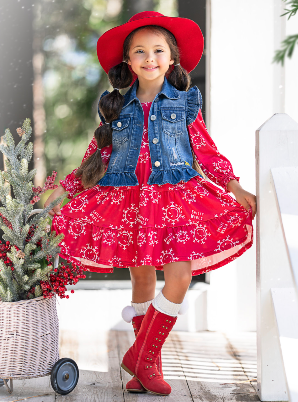 SmileyWorld Happy Snowflake Denim Vest and Dress Set Mia Belle Girls