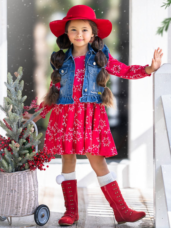 SmileyWorld Happy Snowflake Denim Vest and Dress Set Mia Belle Girls