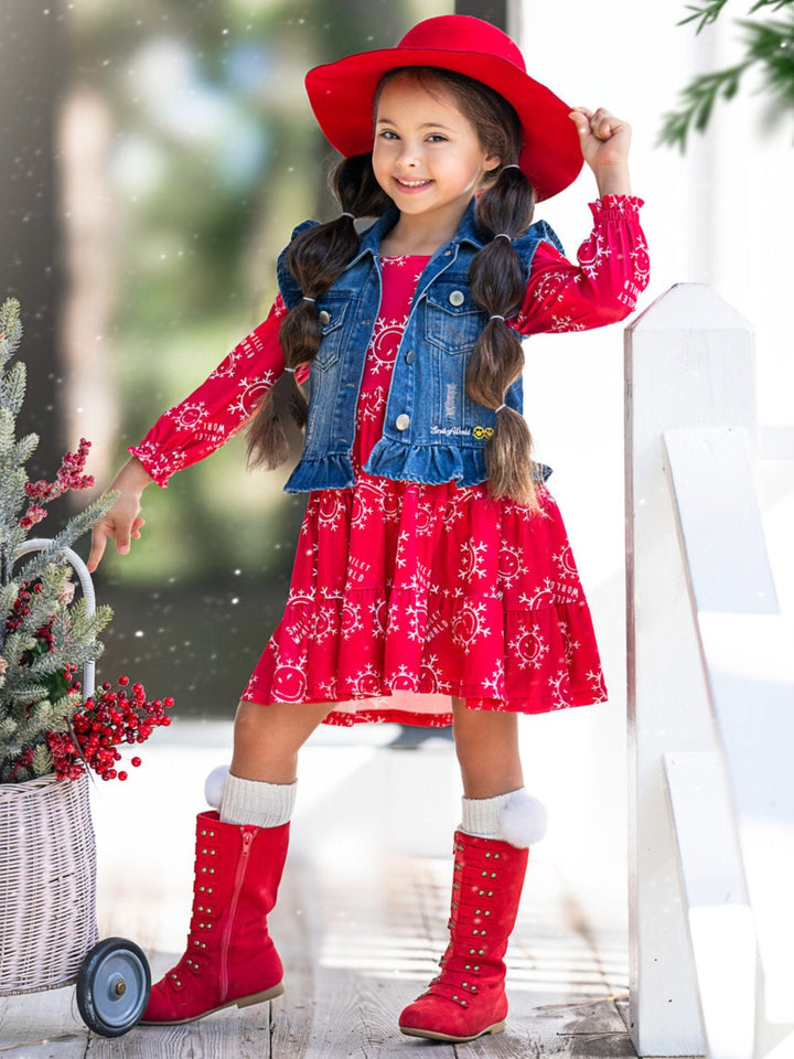 SmileyWorld Happy Snowflake Denim Vest and Dress Set Mia Belle Girls