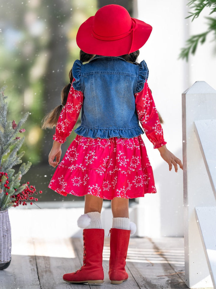 SmileyWorld Happy Snowflake Denim Vest and Dress Set Mia Belle Girls