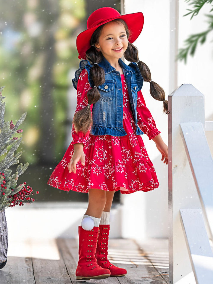 SmileyWorld Happy Snowflake Denim Vest and Dress Set Mia Belle Girls