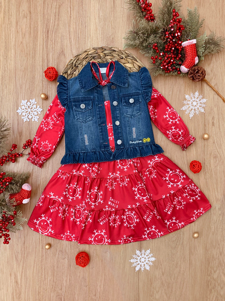 SmileyWorld Happy Snowflake Denim Vest and Dress Set Mia Belle Girls