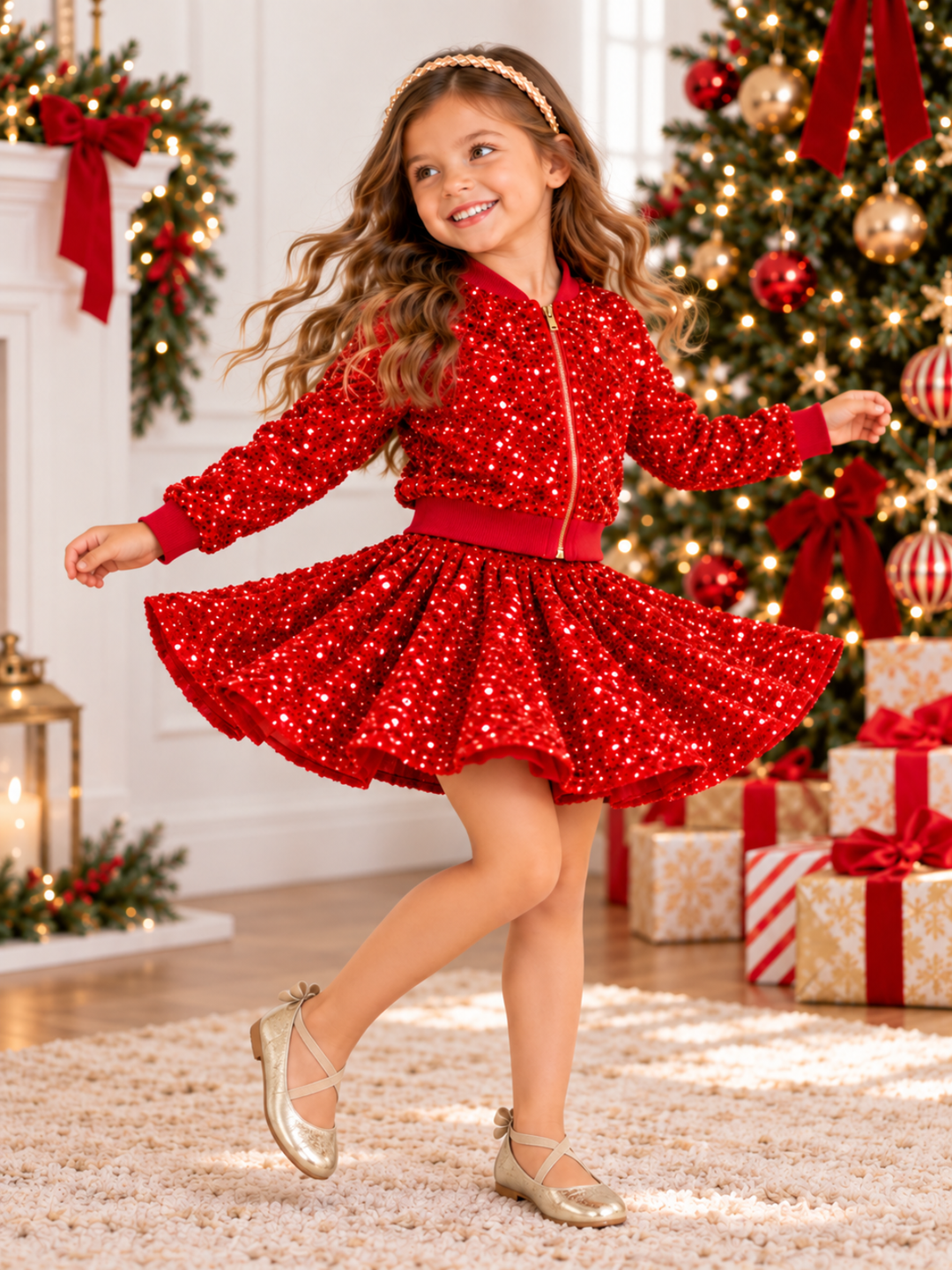 Girls Red Sequin Bomber Jacket and Skirt Holiday Set
