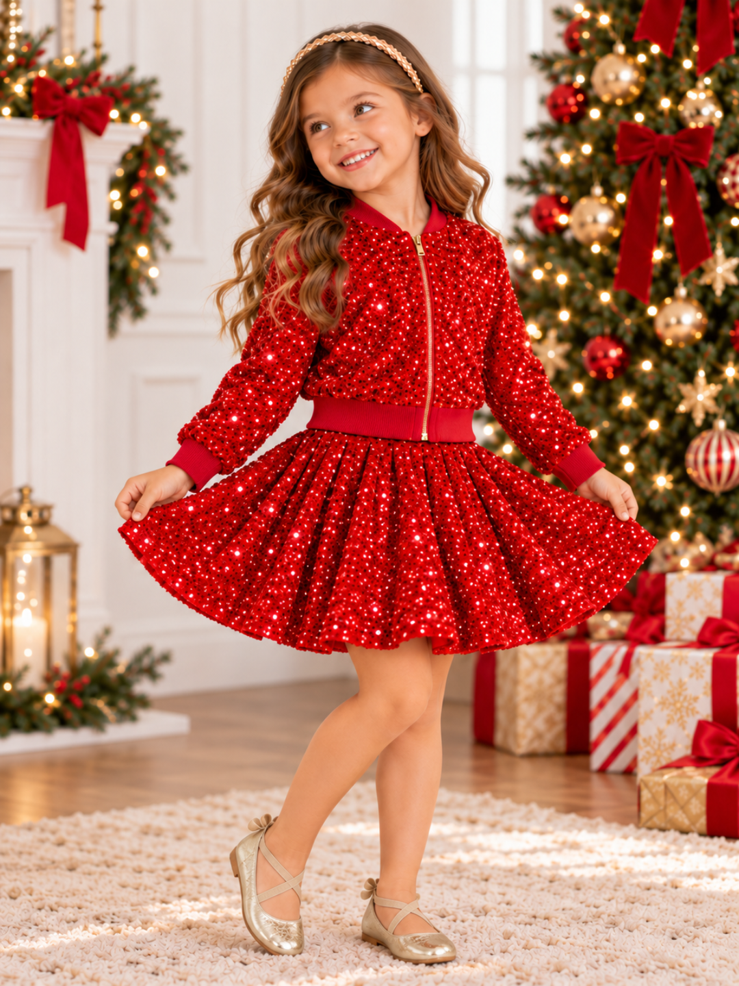 Girls Red Sequin Bomber Jacket and Skirt Holiday Set