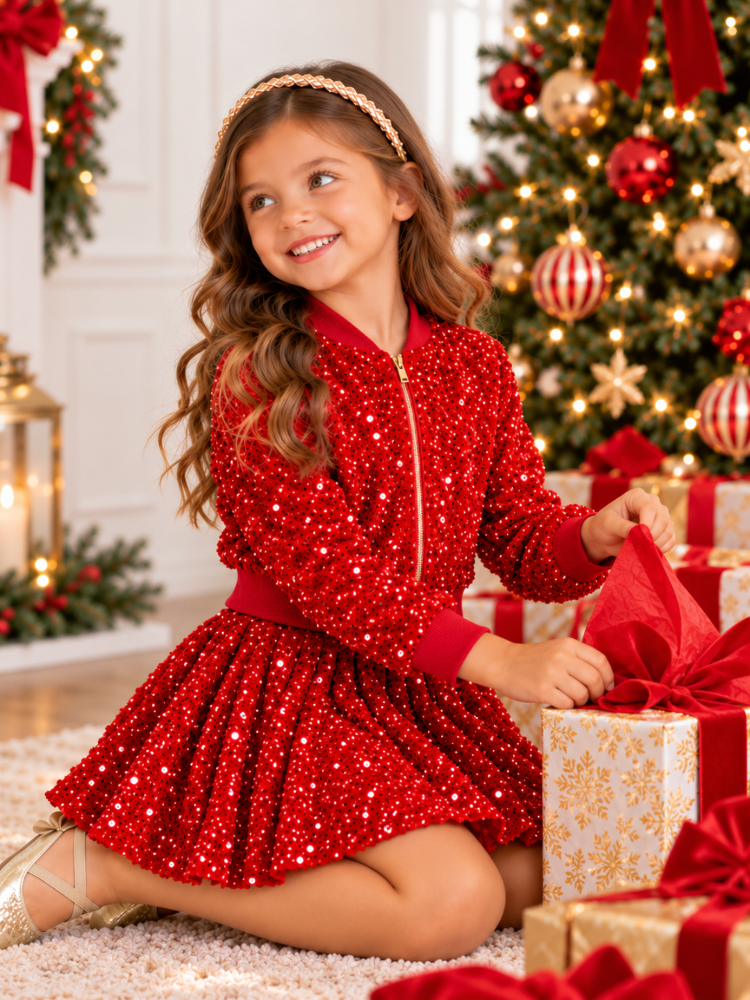 Girls Red Sequin Bomber Jacket and Skirt Holiday Set