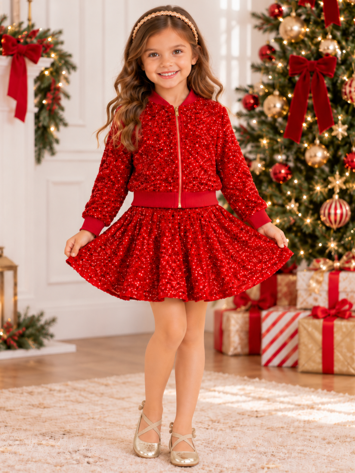 Girls Red Sequin Bomber Jacket and Skirt Holiday Set