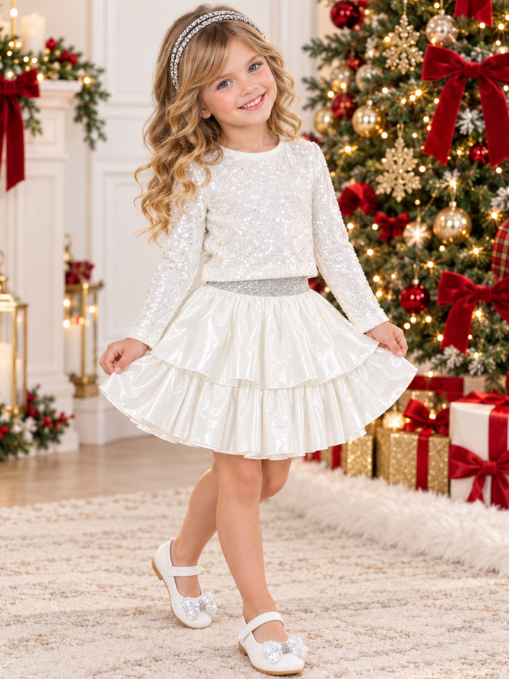 Girls Ivory Sparkle Top and Tiered Satin Skirt Holiday Set