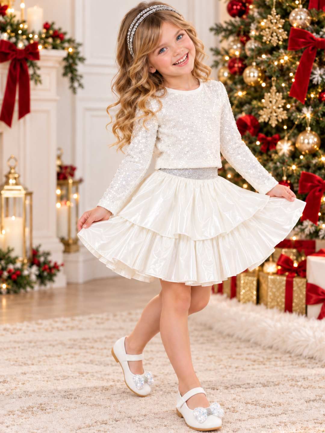 Girls Ivory Sparkle Top and Tiered Satin Skirt Holiday Set