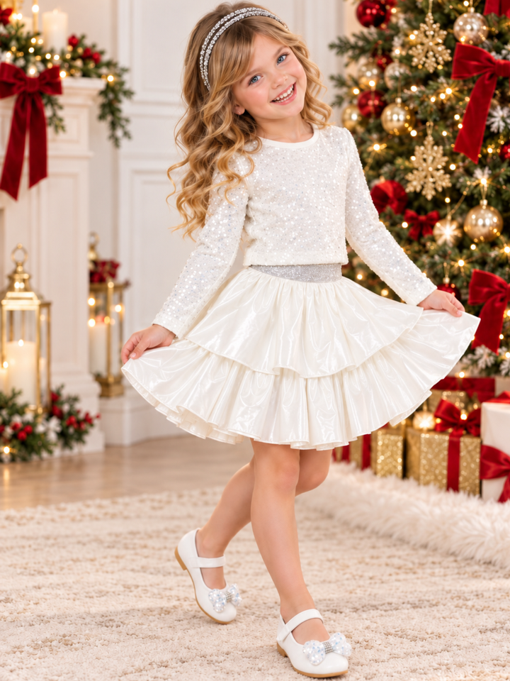 Girls Ivory Sparkle Top and Tiered Satin Skirt Holiday Set