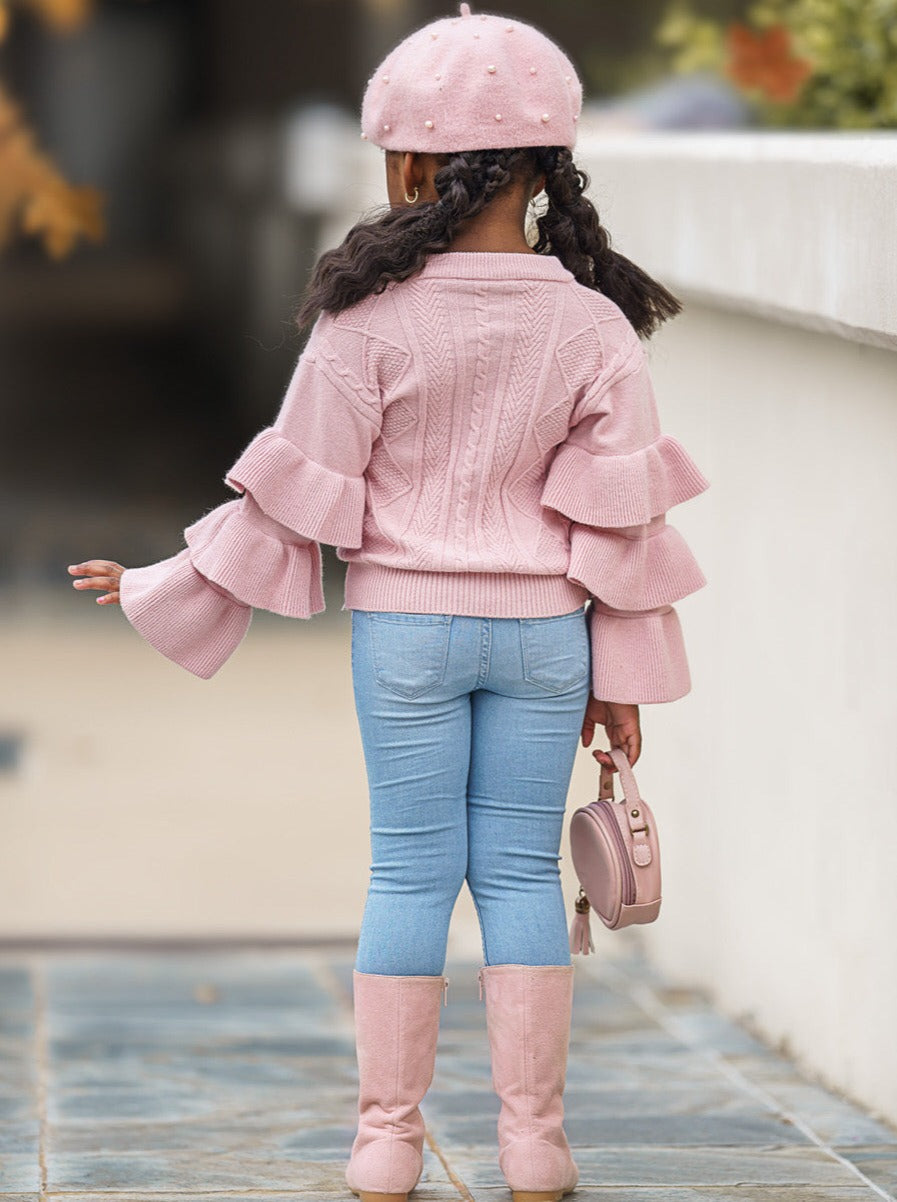 Cute Fall Sweaters | Girls Pink Three Tiered Sleeve Cable Knit Sweater