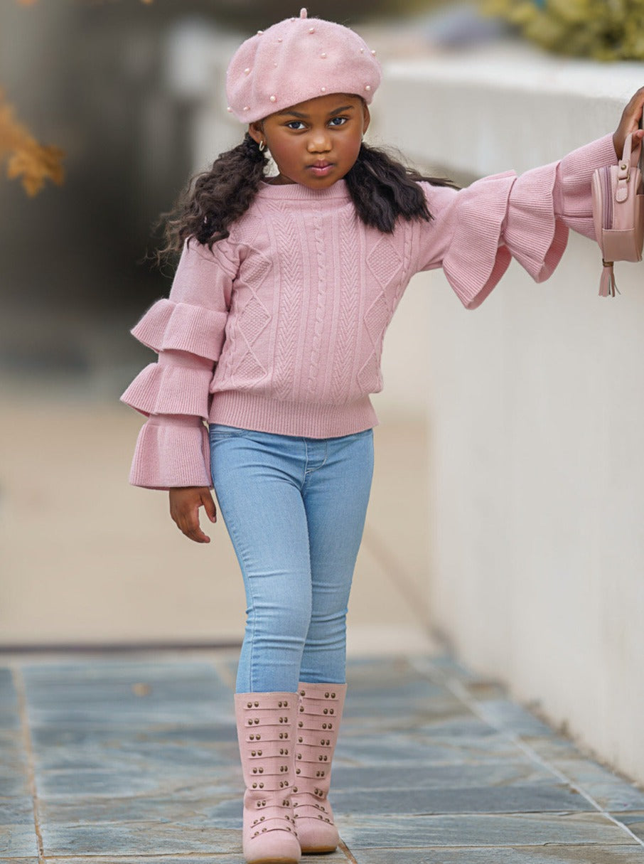 Cute Fall Sweaters | Girls Pink Three Tiered Sleeve Cable Knit Sweater