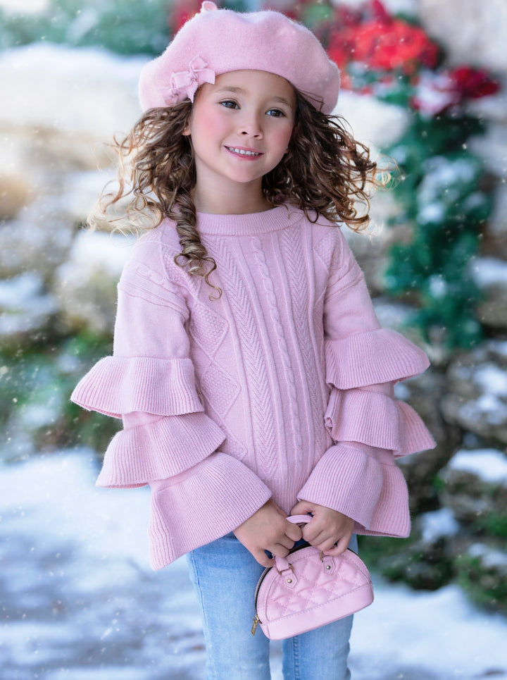 Cute Fall Sweaters | Girls Pink Three Tiered Sleeve Cable Knit Sweater