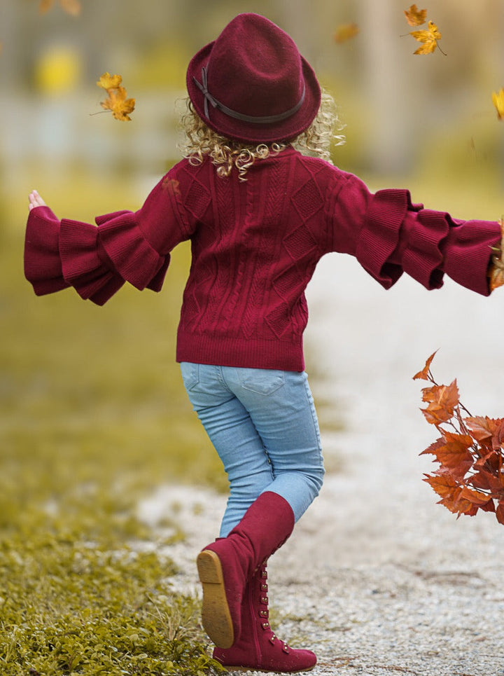 Cute Fall Sweaters | Girls Burgundy Tiered Sleeve Cable Knit Sweater