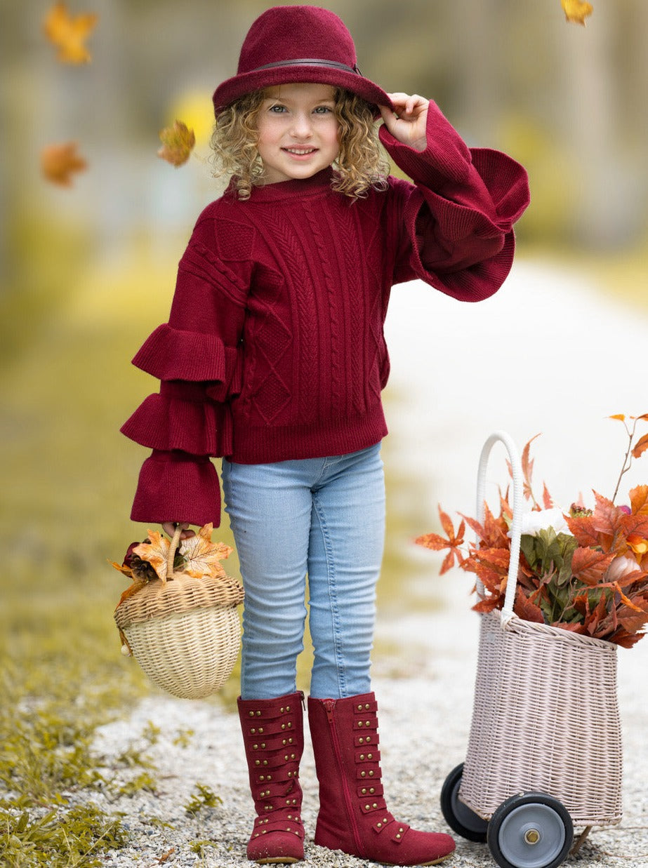 Cute Fall Sweaters | Girls Burgundy Tiered Sleeve Cable Knit Sweater