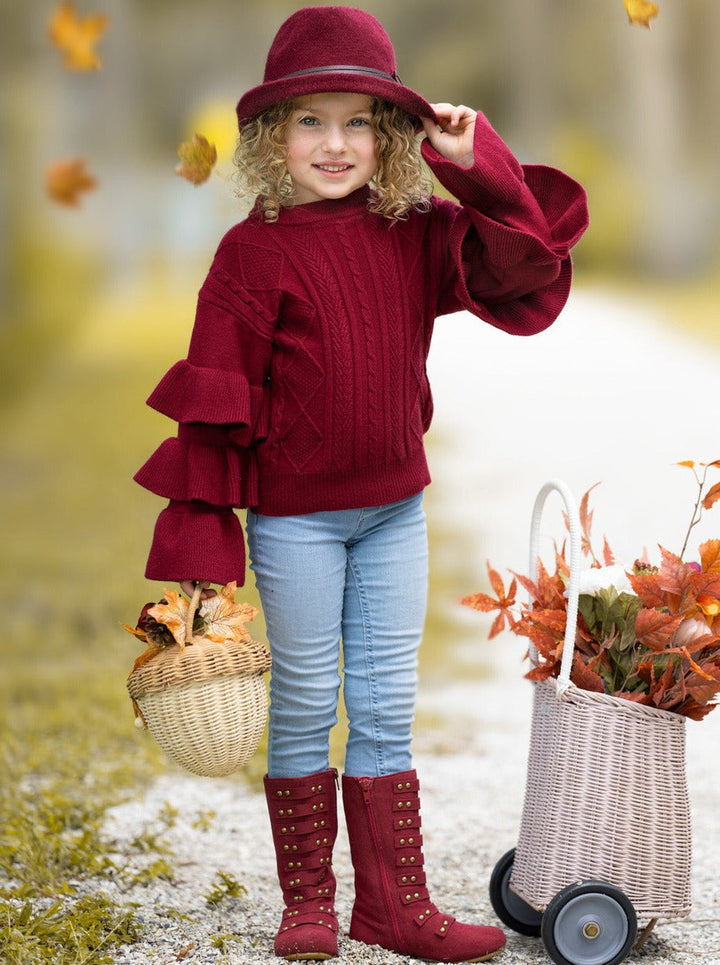 Cute Fall Sweaters | Girls Burgundy Tiered Sleeve Cable Knit Sweater