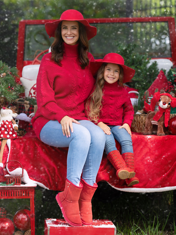 Mommy and Me Red Oversized Cable Knit Sweater Mia Belle Girls