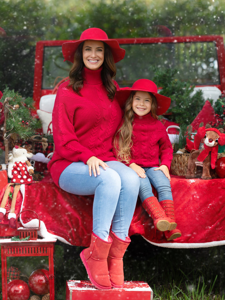 Mommy and Me Red Oversized Cable Knit Sweater Mia Belle Girls