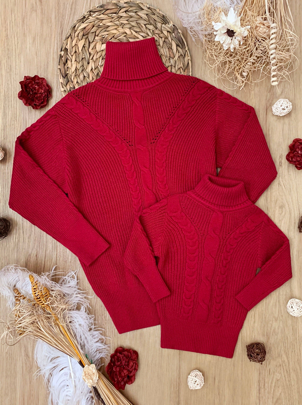 Mommy and Me Red Oversized Cable Knit Sweater Mia Belle Girls