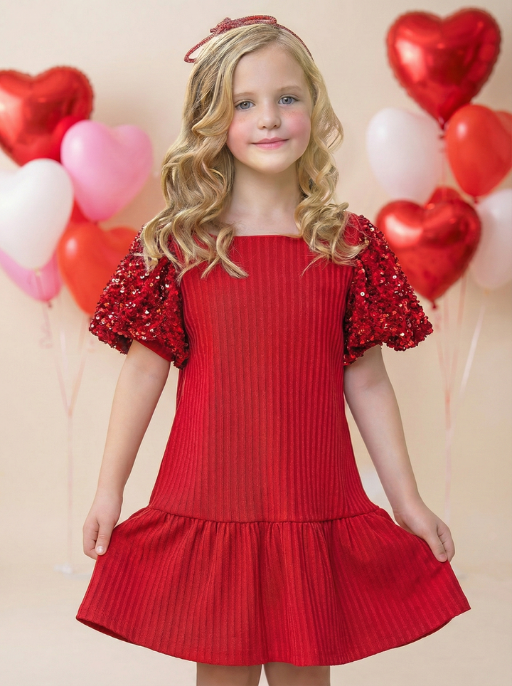 Valentine's Day Sequin Puff Sleeve Red Dress