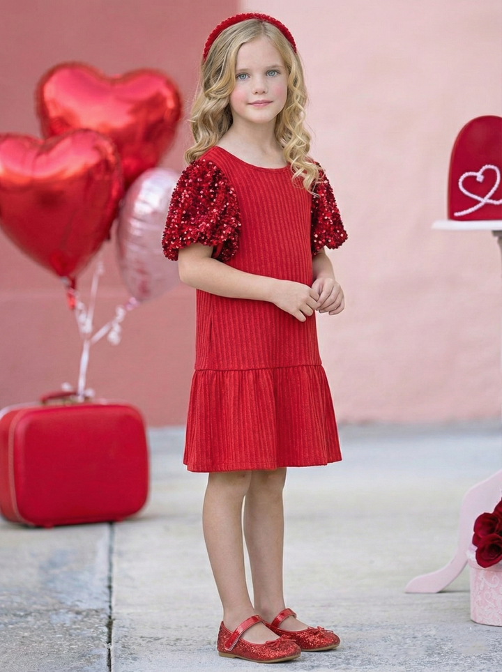 Valentine's Day Sequin Puff Sleeve Red Dress