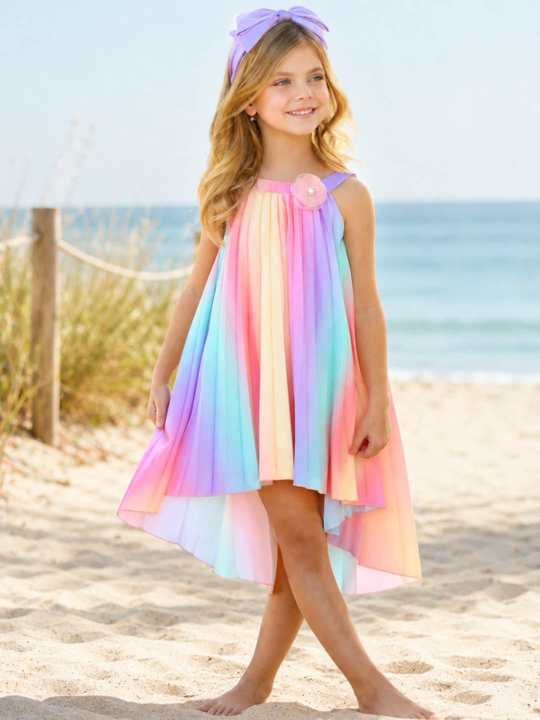 Rainbow Pleated Hi-Lo Swing Dress Mia Belle Girls Rainbow Pleated Hi-Lo Swing Dress Mia Belle Girls