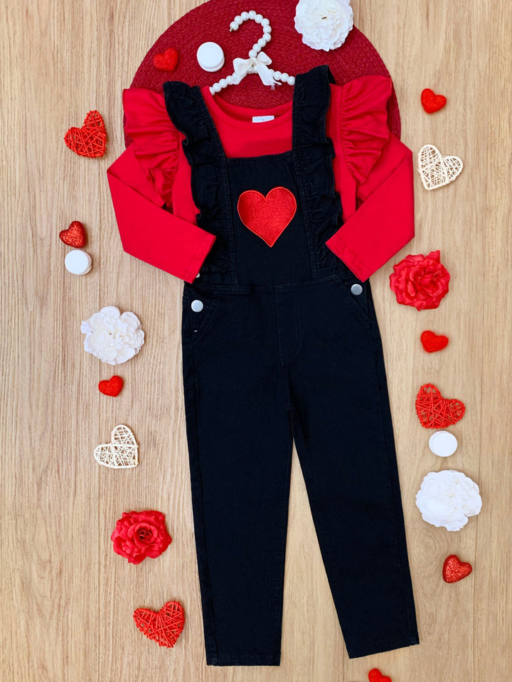 Heart Ruffle Long Sleeve Top and Black Overall Set