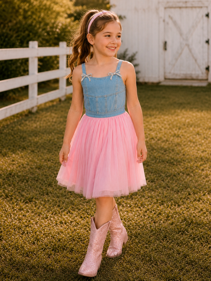 Sparkle Denim Bow Tulle Dress Pink / 7/8