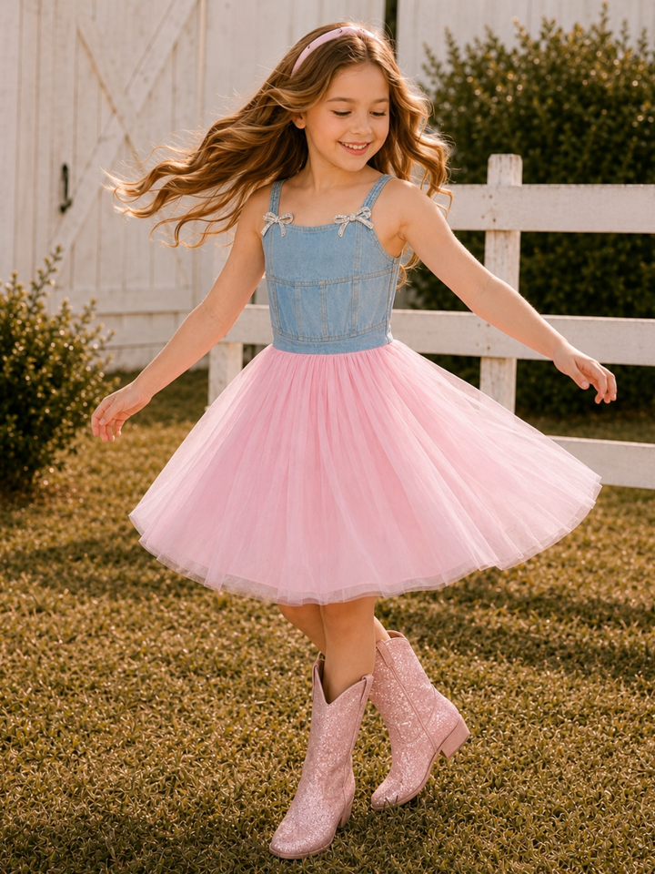 Sparkle Denim Bow Tulle Dress