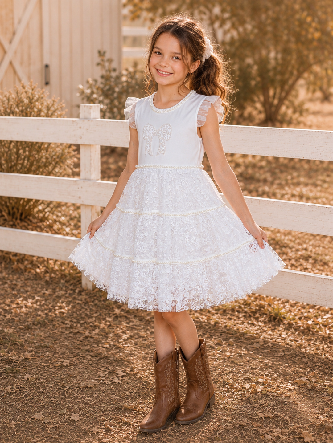 Sweet Lace Pearl & Bow Tiered Dress