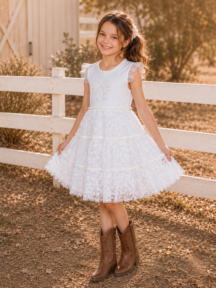 Sweet Lace Pearl & Bow Tiered Dress