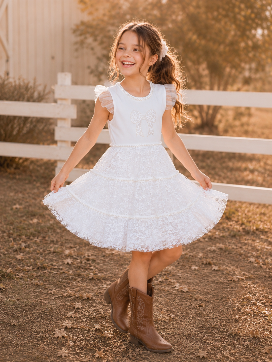 Sweet Lace Pearl & Bow Tiered Dress