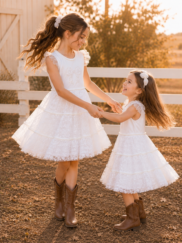 Sweet Lace Pearl & Bow Tiered Dress