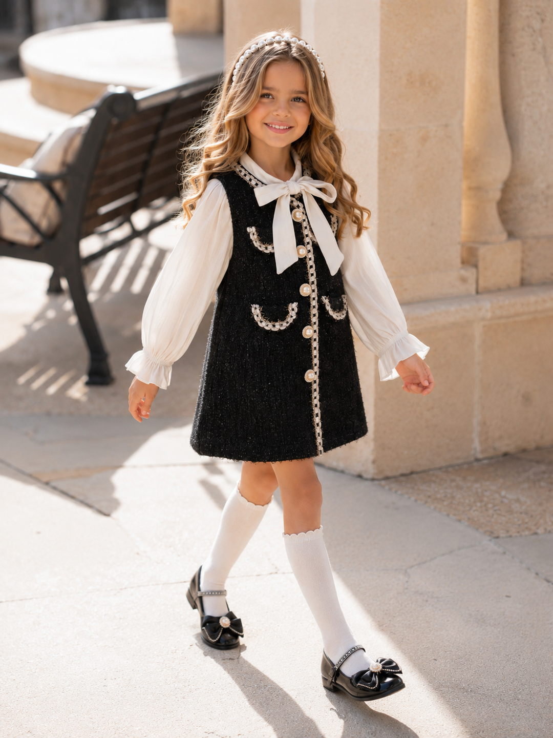 Little Miss Sophisticated Pearl-Embellished Tweed Dress