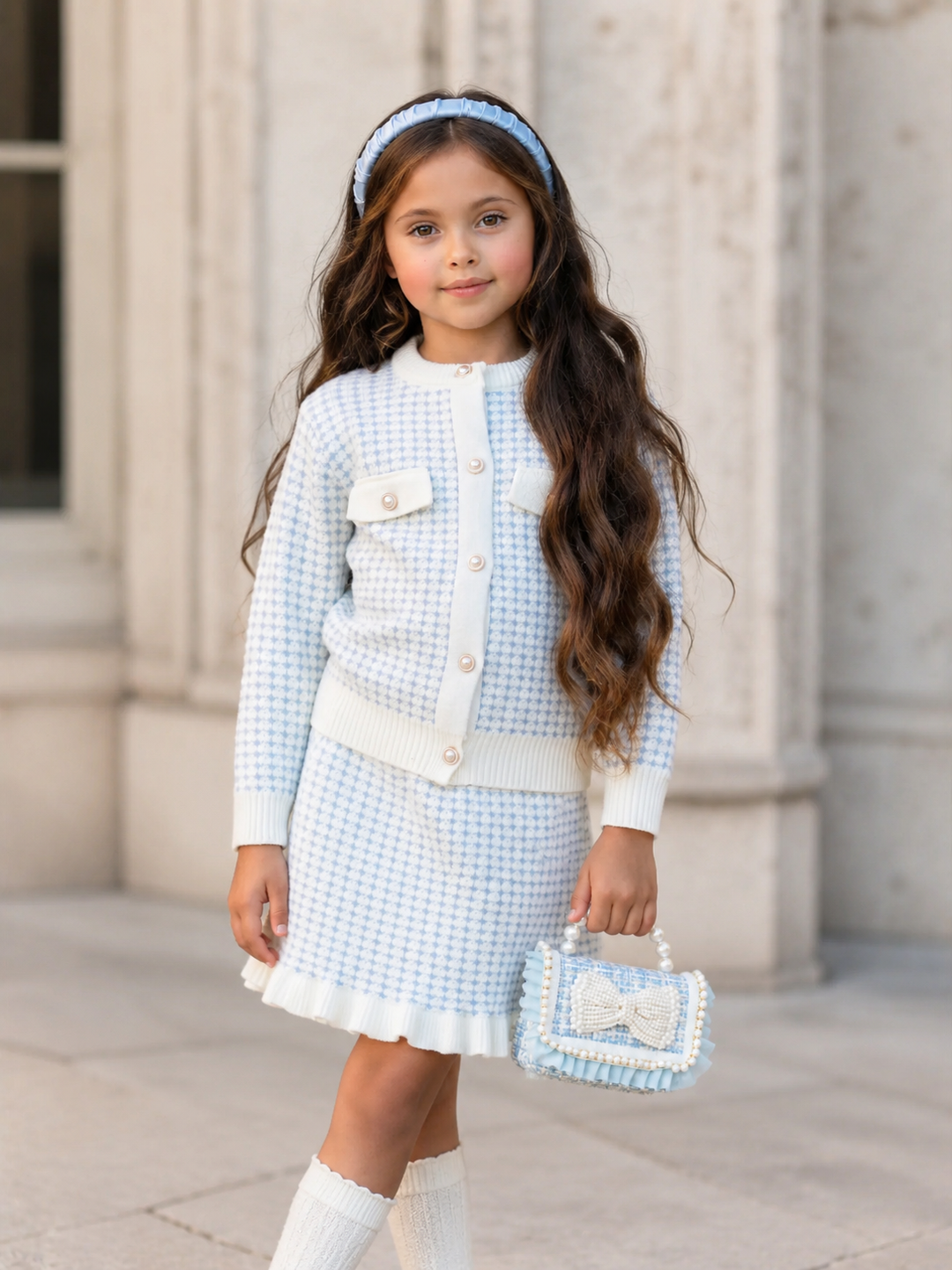 Light Blue Houndstooth Knit Cardigan and Ruffle Skirt Set