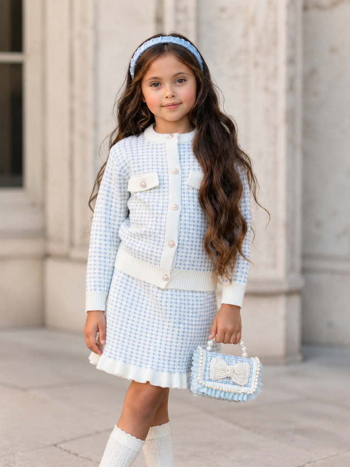 Light Blue Houndstooth Knit Cardigan and Ruffle Skirt Set