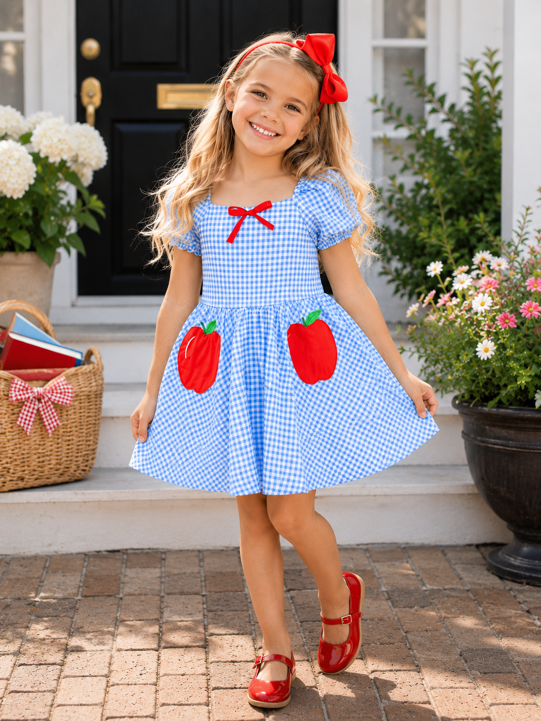 Apple Sweetheart Gingham Puff Sleeve Dress Blue / 7/8
