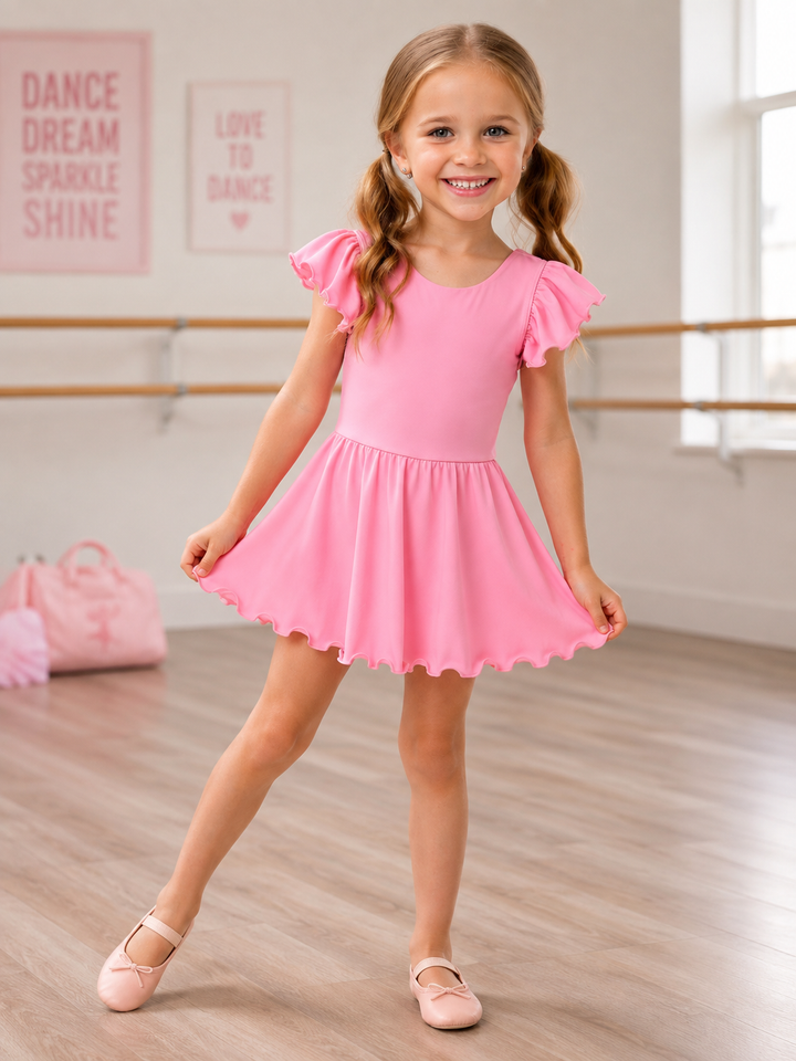 Pink Flutter Sleeve Active Dress with Built-In Bloomers