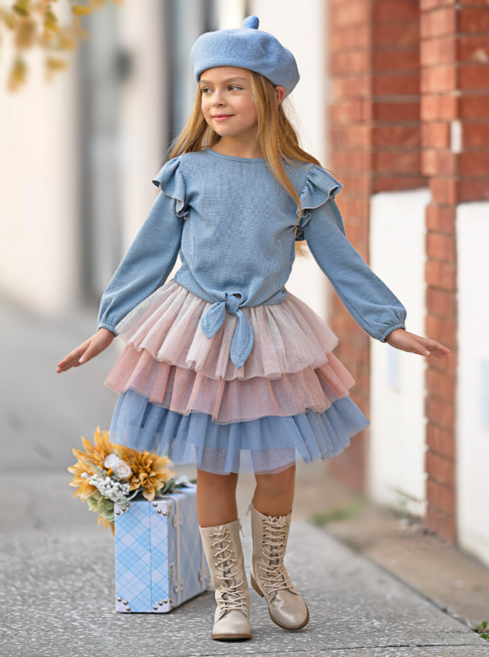 Blue Ruffle Top and Layered Tutu Skirt Set Mia Belle Girls