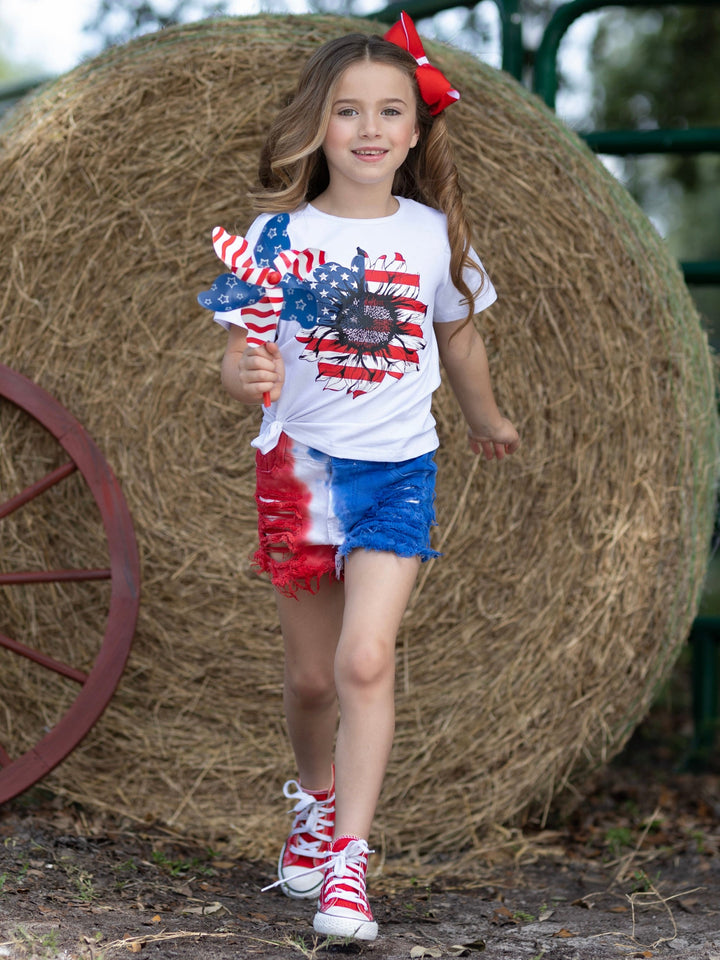 Girls 4th of July Outfits | US Flower Top & Tie Dye Denim Shorts Set