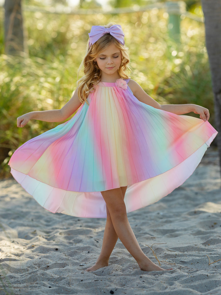 Rainbow Pleated Hi-Lo Swing Dress