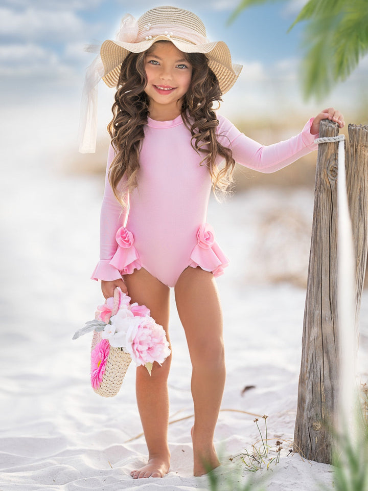 Rose Petal Rash Guard One-Piece Swimsuit
