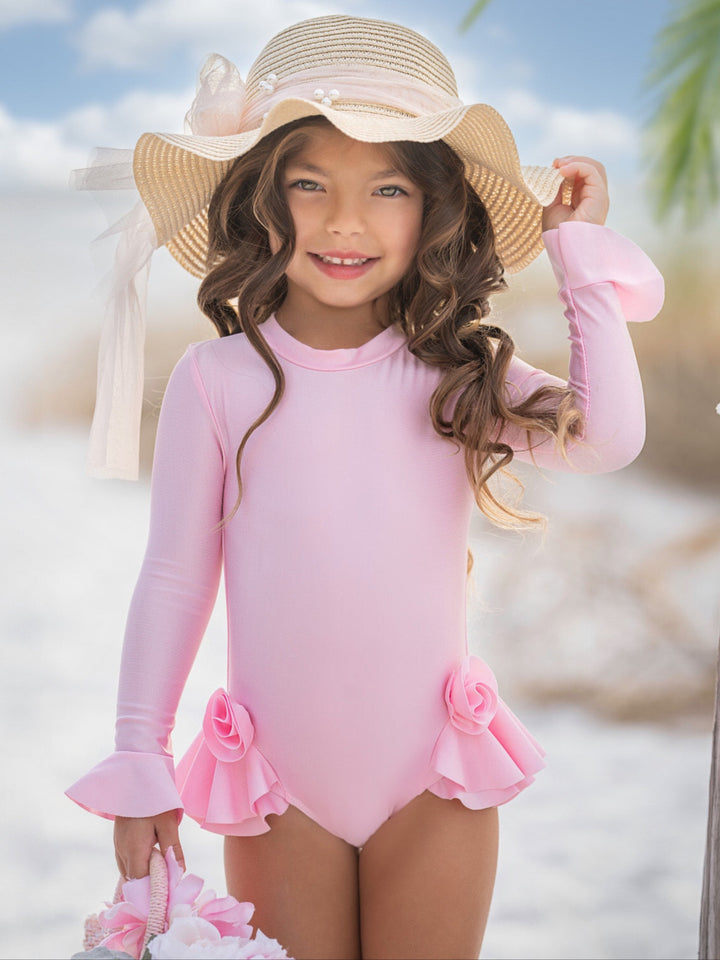 Rose Petal Rash Guard One-Piece Swimsuit