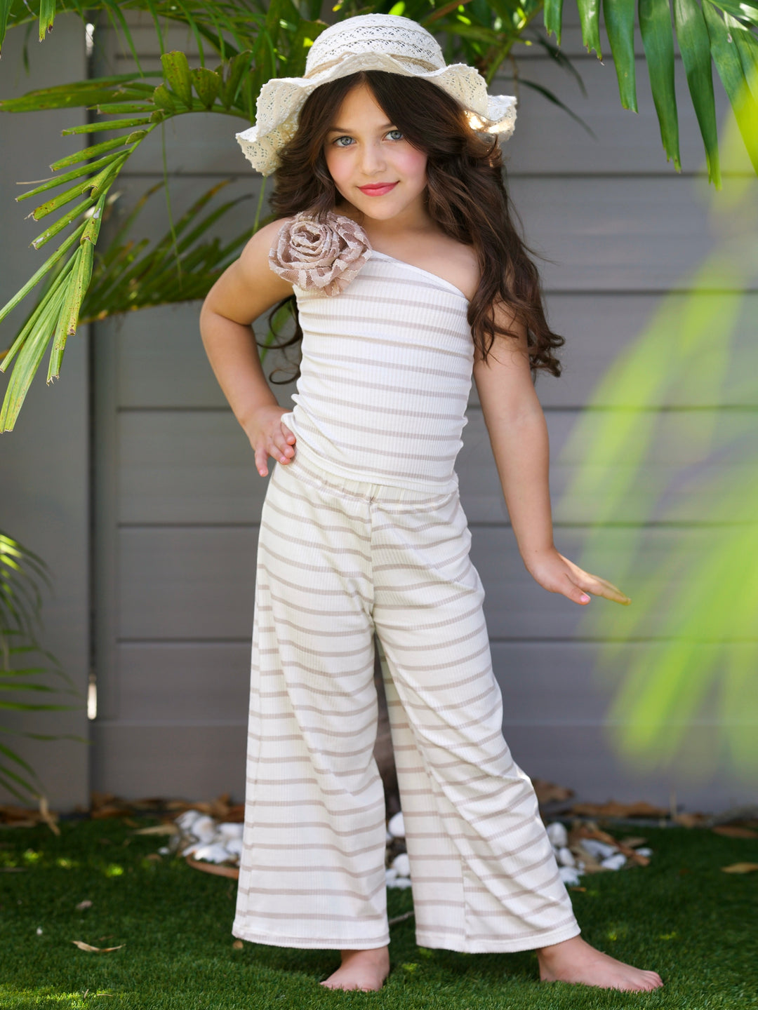 Sandy Stroll Striped One-Shoulder Top and Palazzo Pants Set