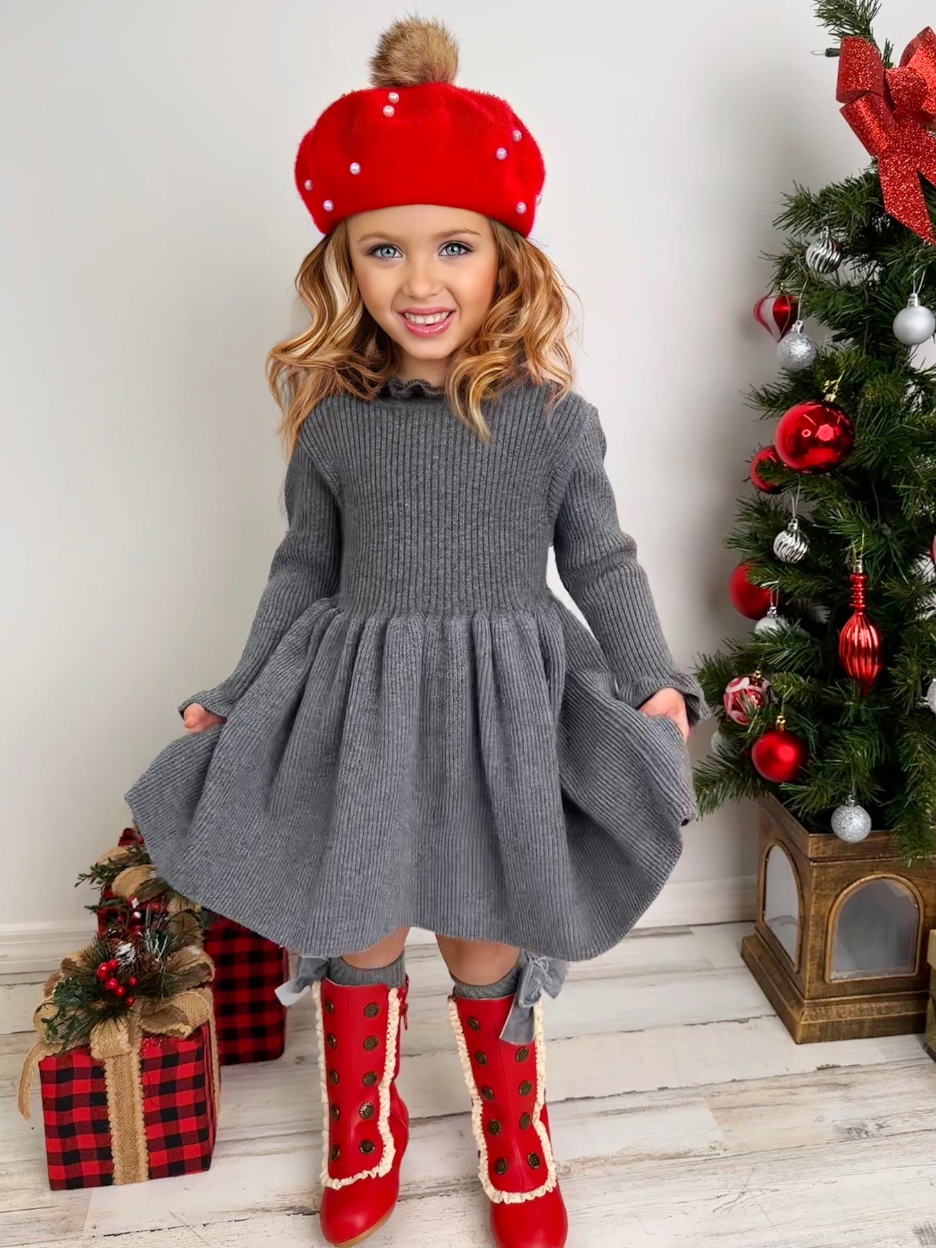 Cozy Holiday Grey Ruffle Knit Sweater Dress – Mia Belle Girls